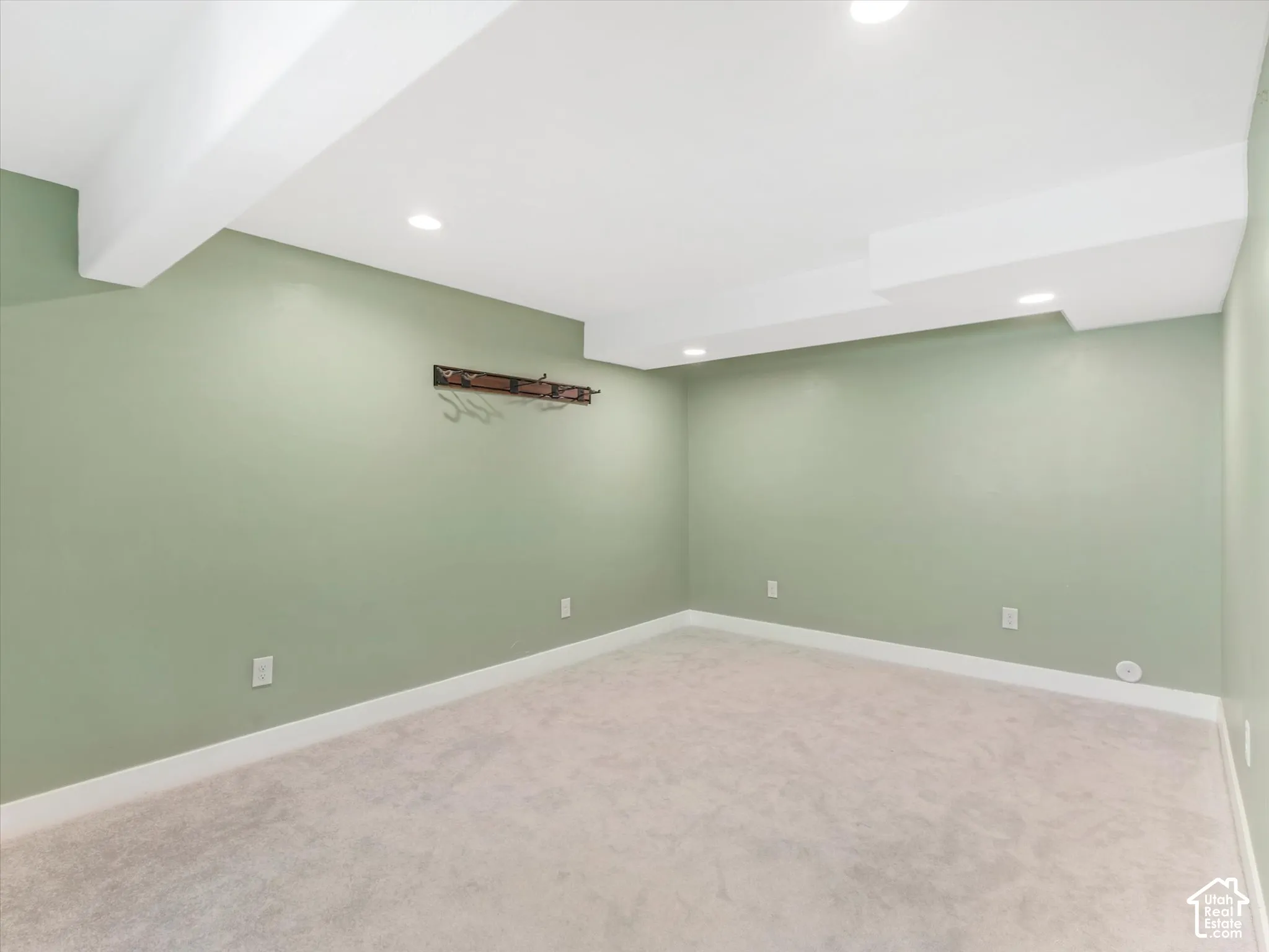 Recessed lighting, light-toned carpeting, green wall color, white trim, and a decorative wall fixture