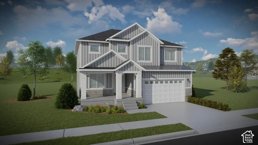 Two-story residence featuring vertical siding and stone veneer accents