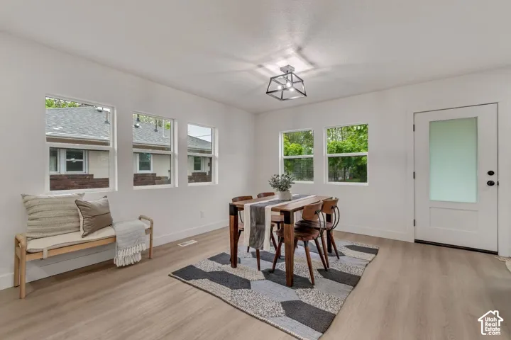 Wood-finish flooring, multiple windows, contemporary flush mount light fixture, and a white door with frosted glass panel