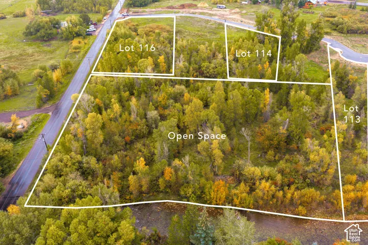 Aerial depiction of property with outlined lots, including Lot 116, Lot 114, and Lot 113
