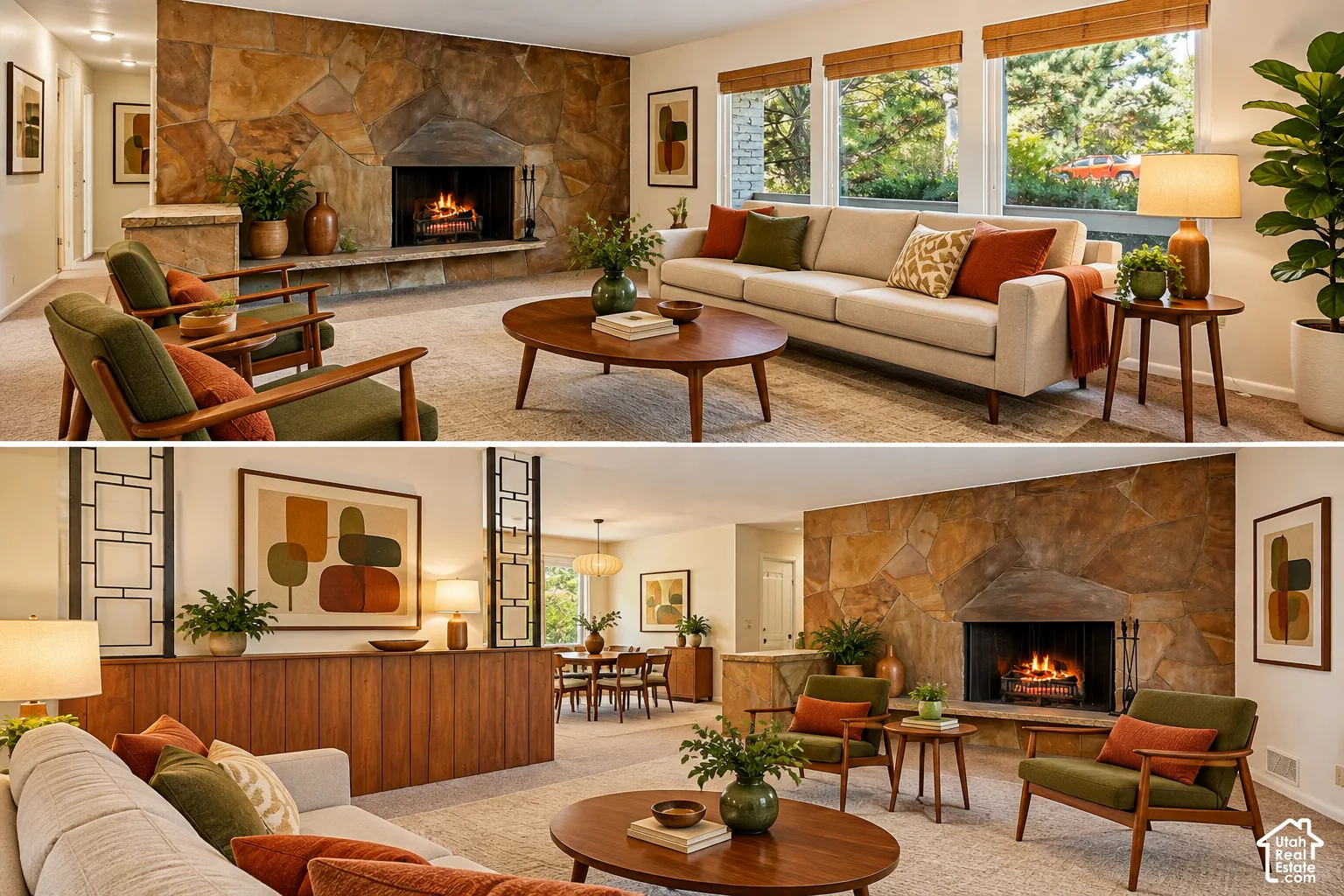 Property Visual, Interior Space. Depicting two distinct arrangements of a living area within the property