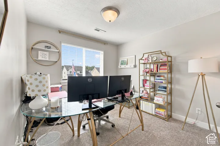 Wall-to-wall carpeting with a neutral finish, large window with blinds, and a flush-mount ceiling light fixture