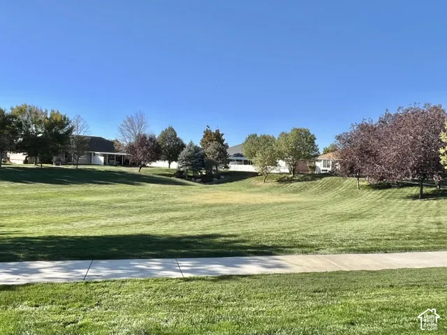 Expansive grassy terrain with varied foliage and a paved sidewalk