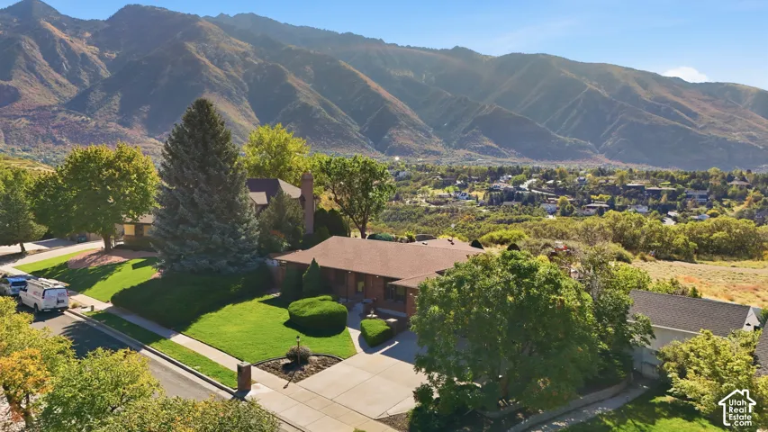 Mountain backdrop, residential area, manicured lawn, established trees, paved driveway