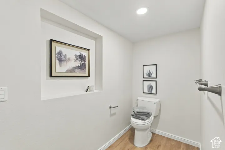 Recessed wall niche, wood-finish flooring, recessed lighting, and a wall-mounted toilet paper holder