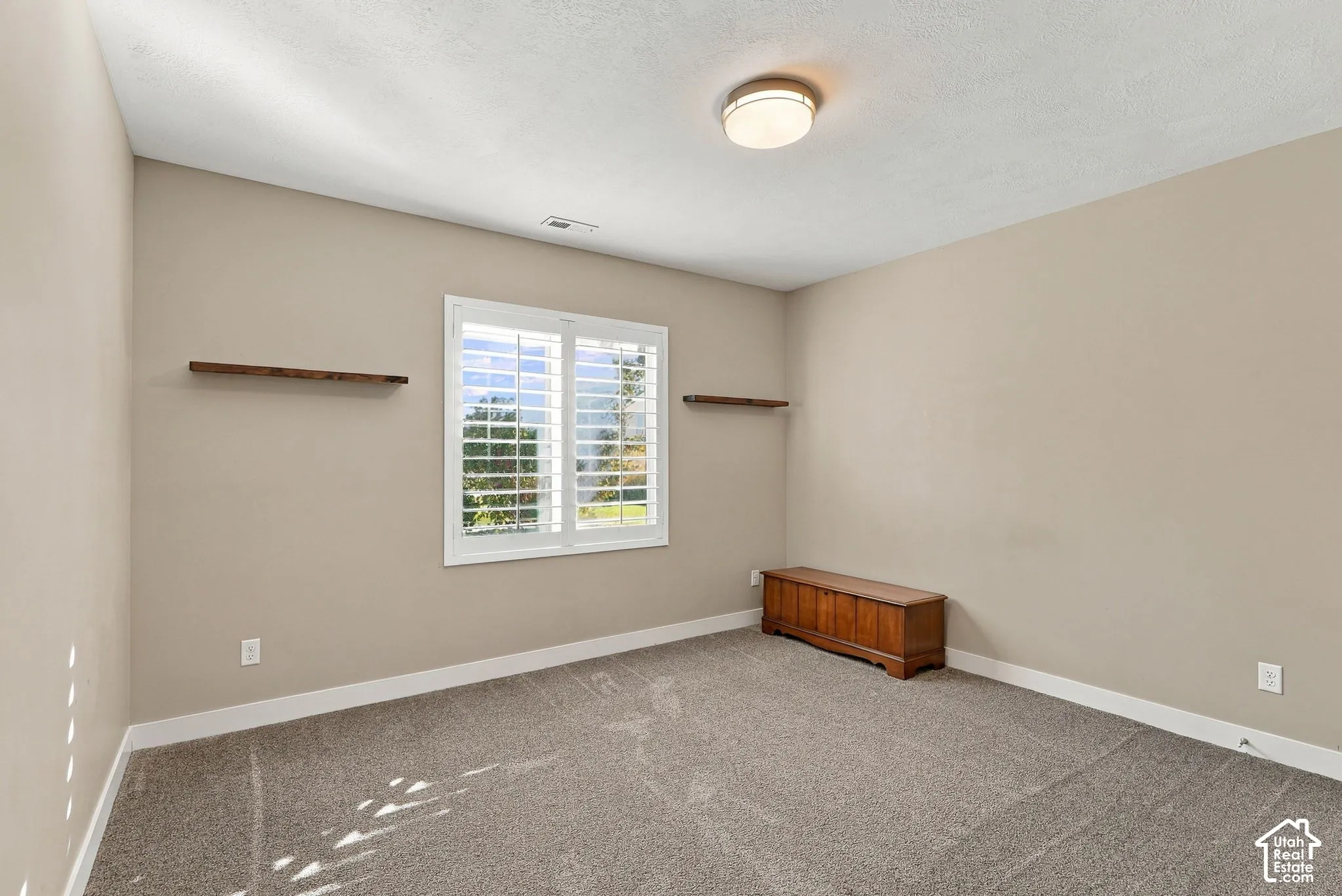 Basement bedroom five, neutral wall tones with a window featuring white plantation shutters, paired with a flush-mount ceiling light and carpeted flooring