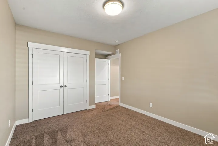 Basement three, neutral wall color, plush carpet, white trim, overhead flush-mount lighting, and bi-fold closet doors