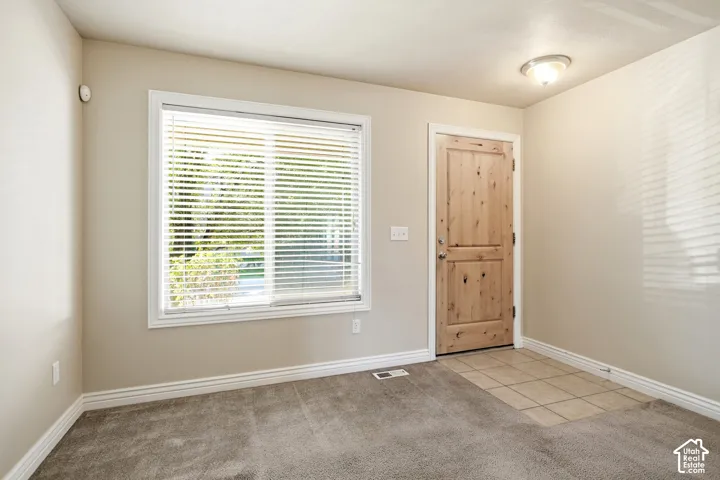 Carpeted flooring, natural wood-finish door, tiled entryway, ceiling-mounted light fixture, window with blinds