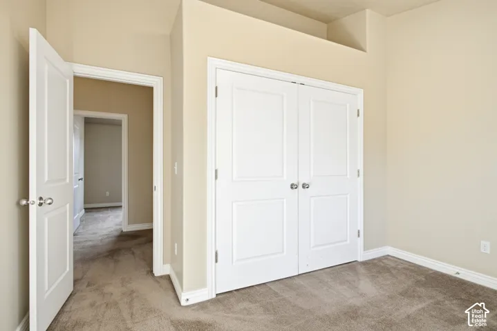 Double panel doors, neutral wall color, and carpet flooring