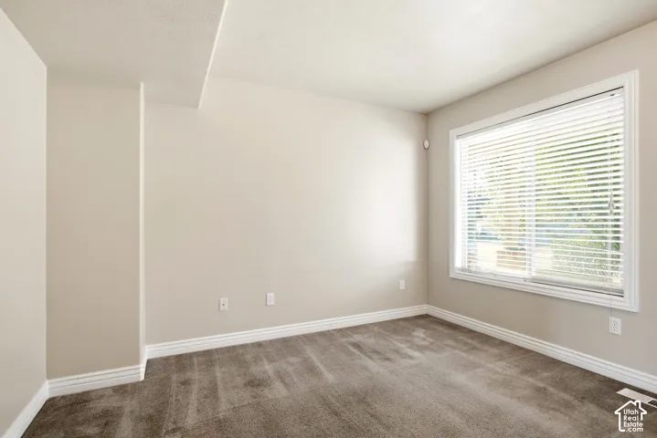 Neutral tone wall finish, textured ceiling, window with white blinds, and carpeted flooring