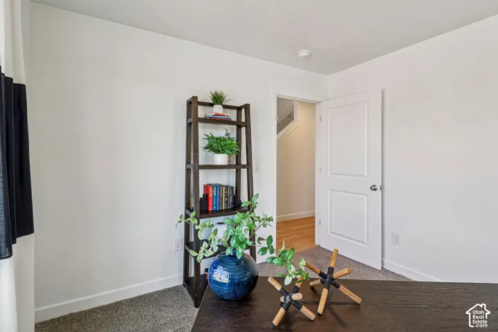Recessed lighting, wood-finish shelving, and a paneled door