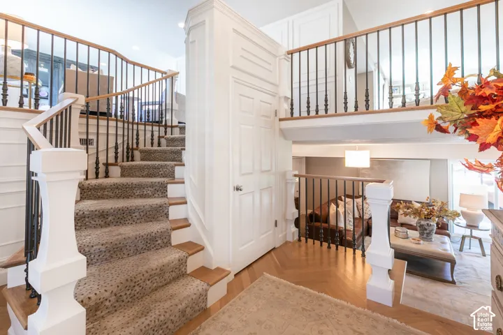 Curved staircase featuring wood treads, patterned carpet runner, and wrought iron balusters
