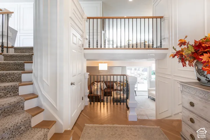 Hardwood flooring laid in a herringbone pattern