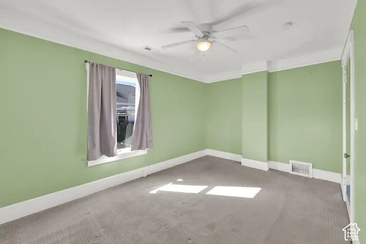 Bright secondary bedroom featuring soft sage green walls, crisp white trim and crown molding, neutral carpeting, and abundant natural light from a multi-pane window with coordinating drapery