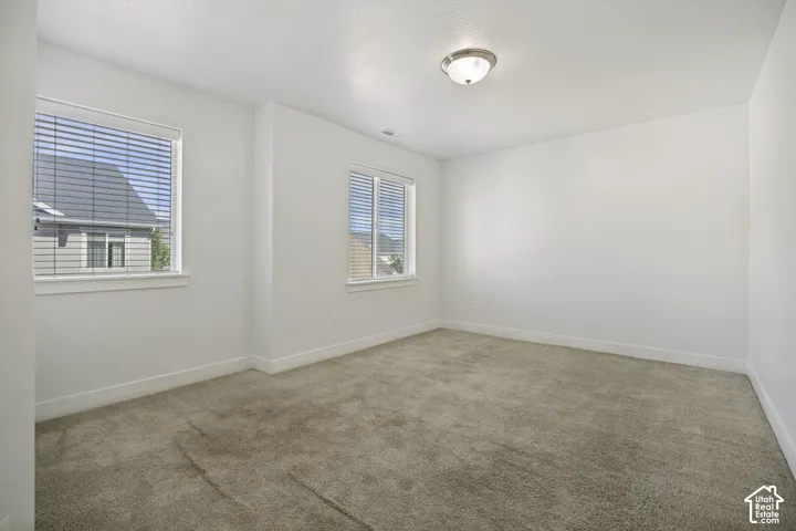 Textured carpeting with two windows featuring horizontal blinds, recessed window frames, and a flush-mount ceiling light fixture