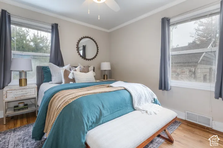 Hardwood flooring, light-toned walls, crown molding, and a ceiling fan with light fixture