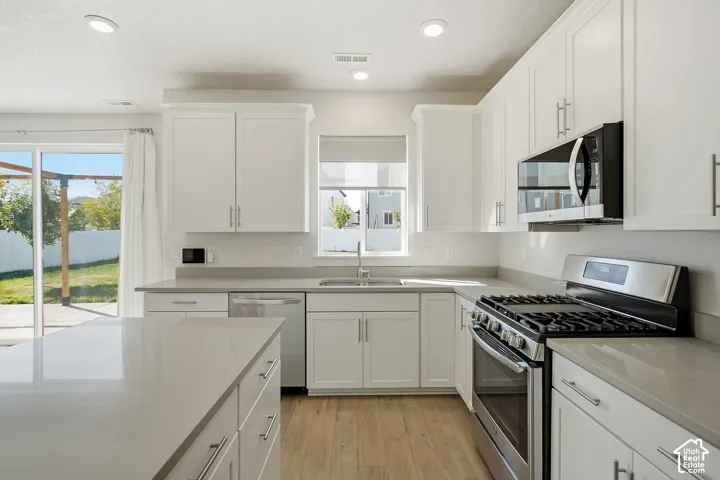 Modern kitchen with white cabinetry, stainless steel appliances, light-toned countertops, wood-finish flooring, and recessed lighting