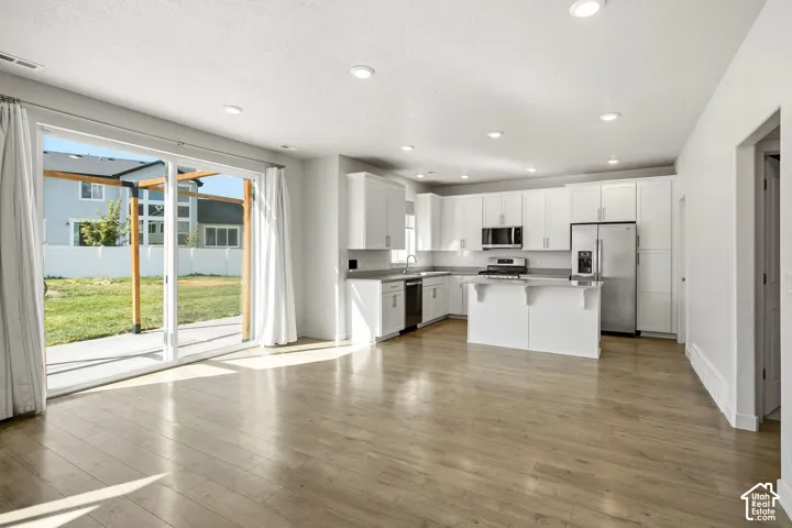 Open-concept living space with wood-finish flooring