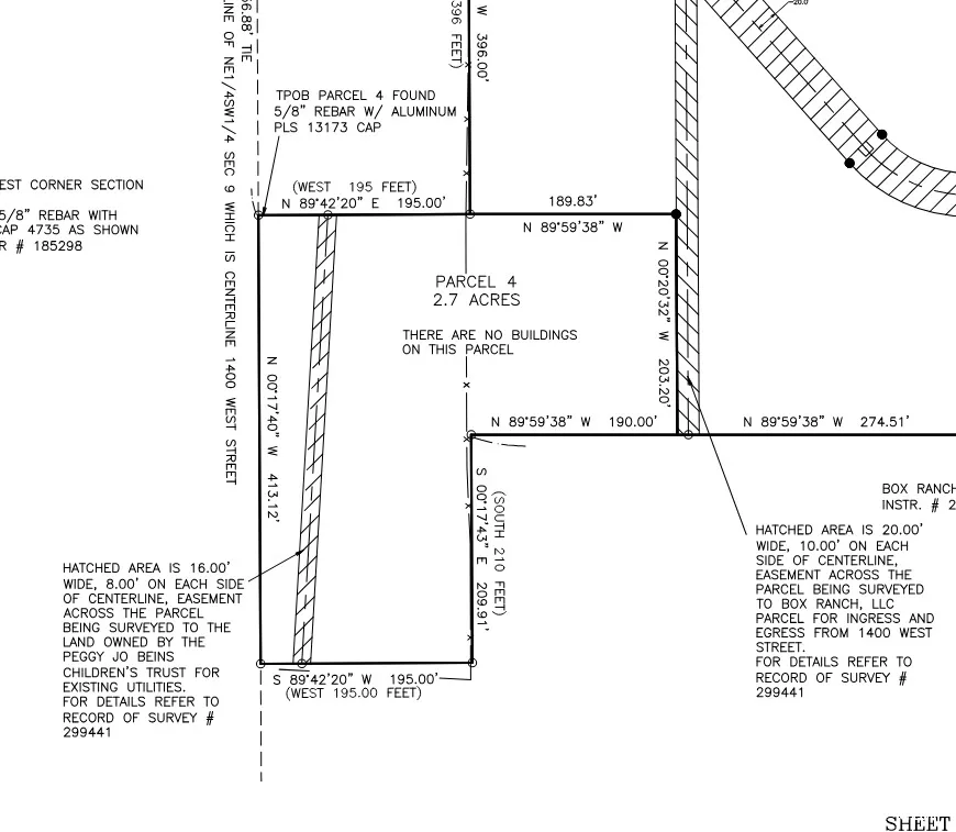 Survey Plat. Detailing Parcel 4 with dimensions, acreage, and easements for utilities and access