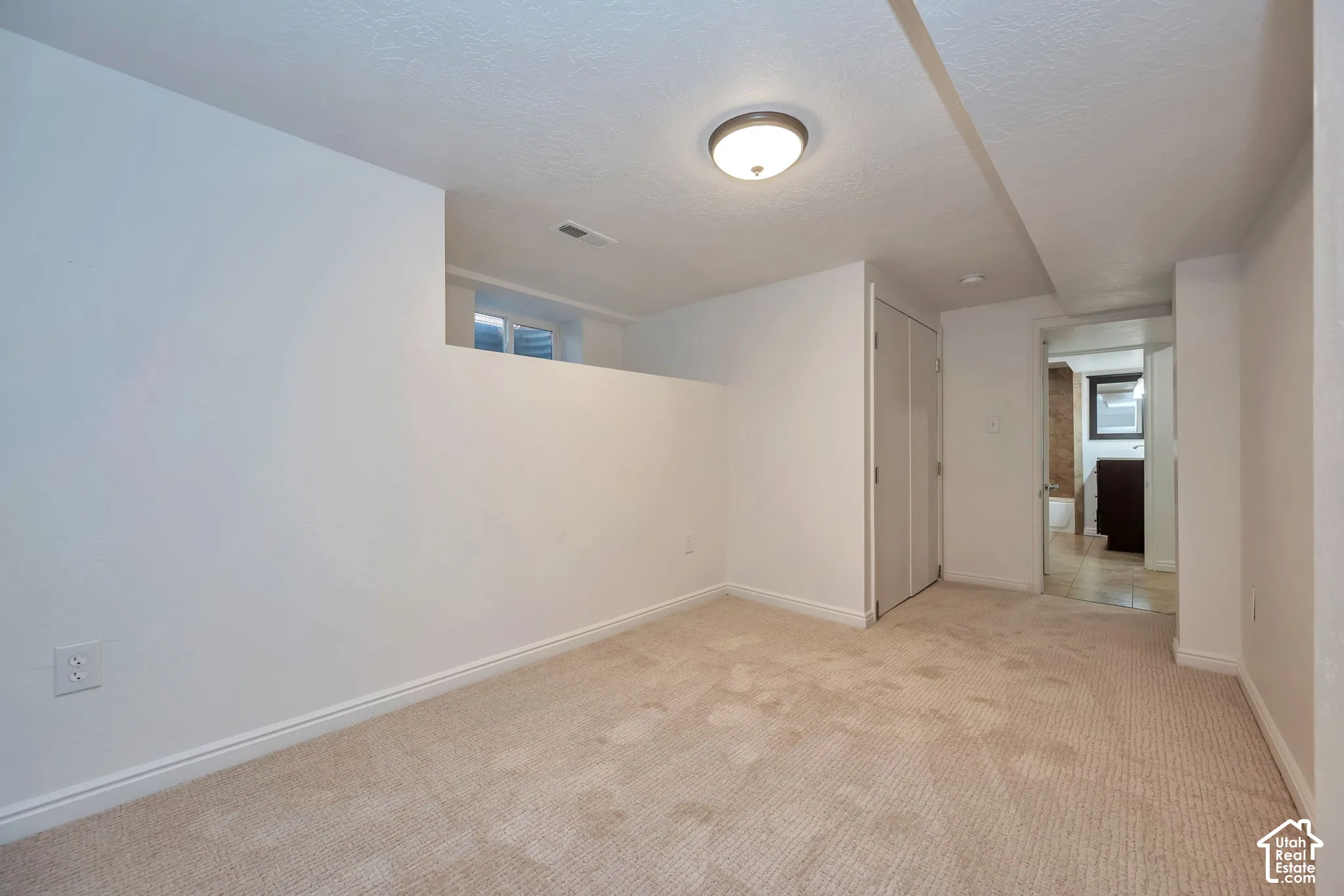 Den with new carpeting and paint and a flush-mount ceiling light