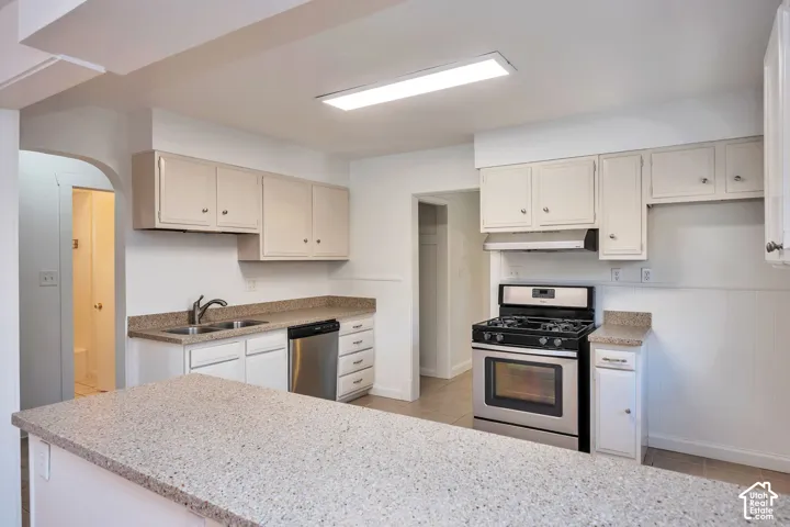 Kitchen featuring a stainless steel gas range, integrated stainless steel dishwasher, double basin sink, light-toned cabinetry, and speckled quartz countertops