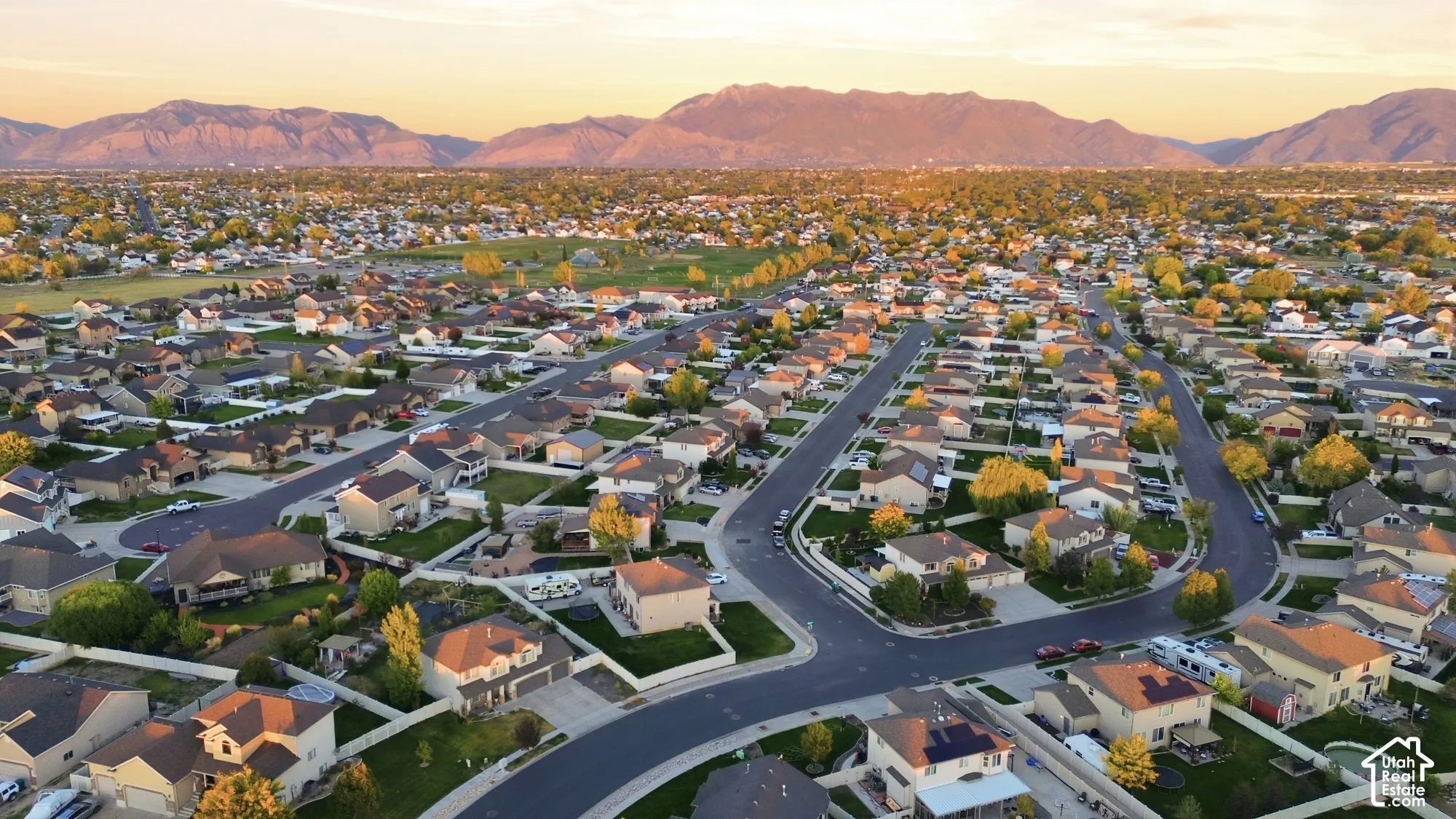 Expansive residential area with numerous single-family homes, mature landscaping, and an adjacent park space