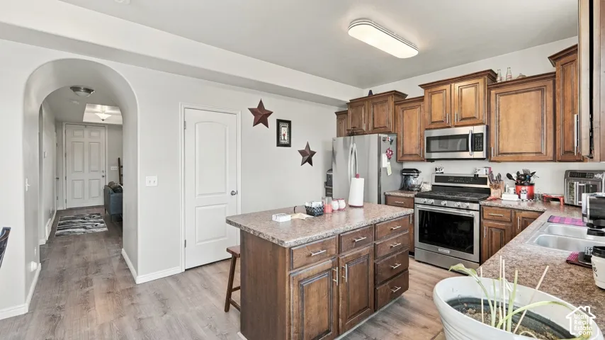 Wood-finish flooring, recessed lighting, and an arched entryway