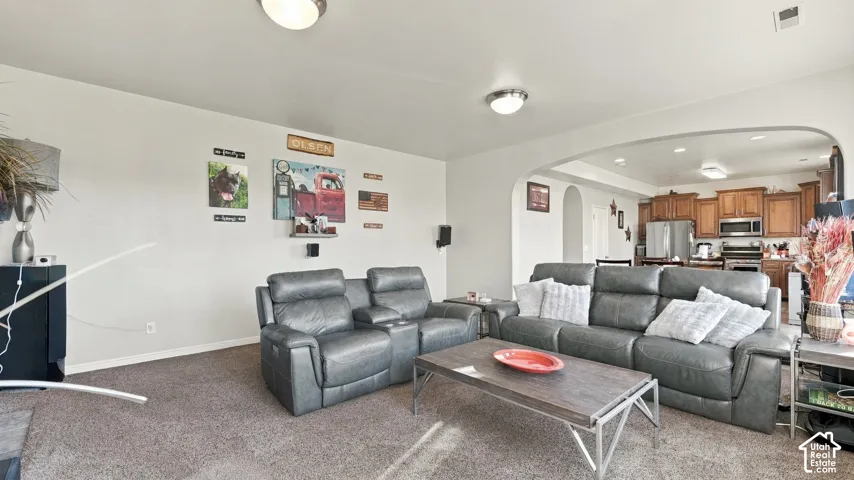Open-concept living space with carpet flooring
