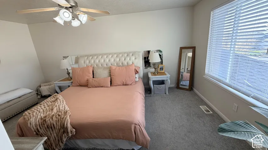 Carpeted room featuring a window with blinds, ceiling fan with light fixture, and white walls