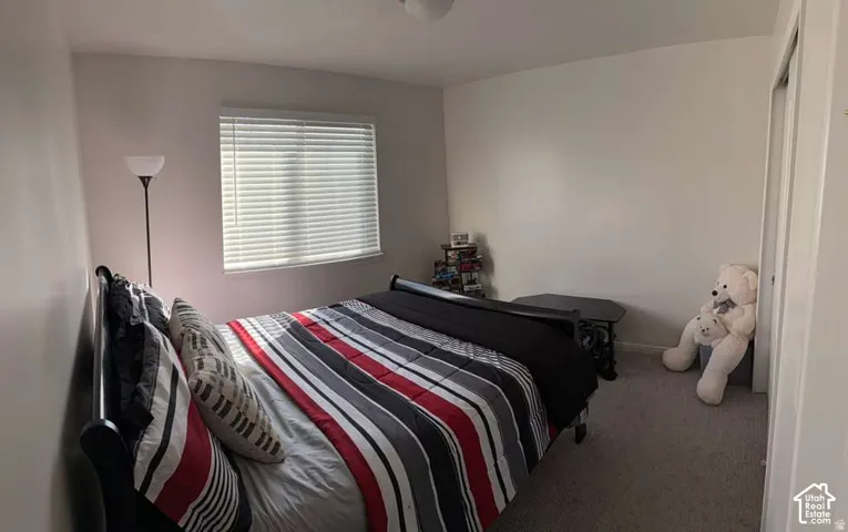 Window with horizontal blinds, neutral wall paint, and gray carpet