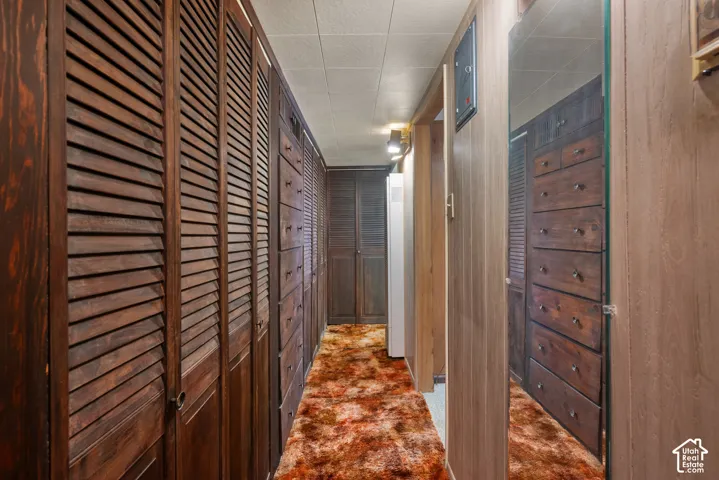 Hallway featuring extensive built-in louvered cabinetry, integrated drawers, full-length mirror, and wood-paneled walls