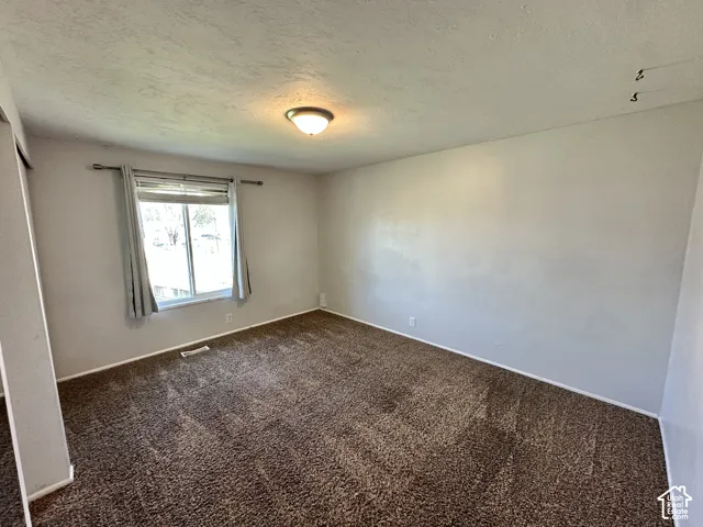 Neutral wall color, textural carpeting, and a flush-mount ceiling light fixture