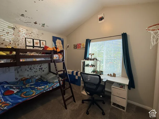 Carpeted room featuring a vaulted ceiling, a large window with blinds, and a built-in light fixture