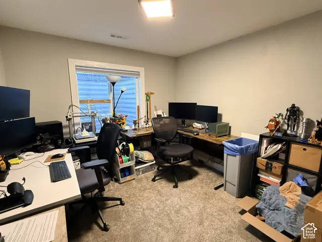 Neutral wall paint, carpeted flooring, and a single window with white trim