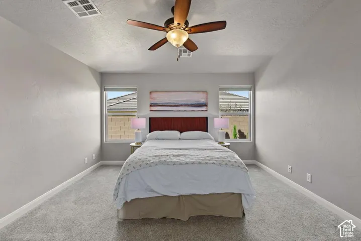 Recessed ceiling with a ceiling fan, carpeted flooring, and two windows