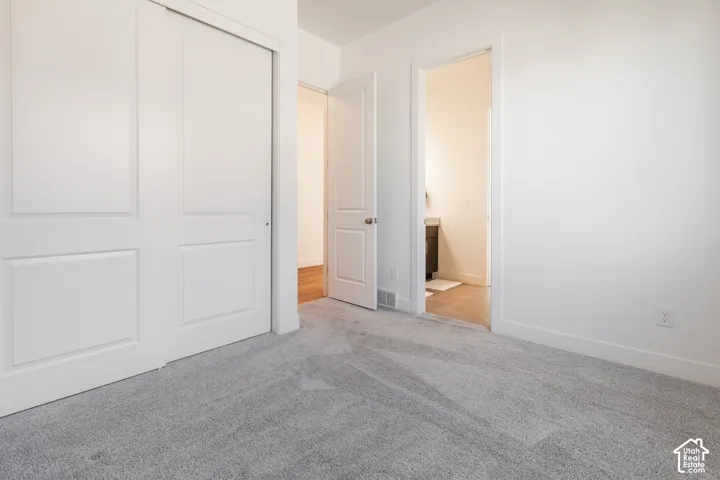 Light gray carpeted flooring, white walls, white trim, and white sliding doors