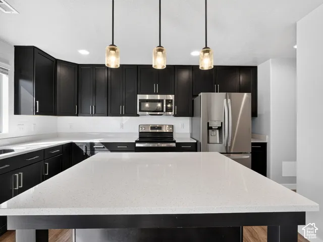 Kitchen featuring dark cabinetry, light countertops, stainless steel appliances, and pendant lighting