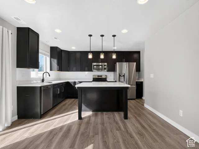 Kitchen featuring dark cabinetry, white countertops, a central island with pendant lighting, stainless steel appliances, and wood-finish flooring