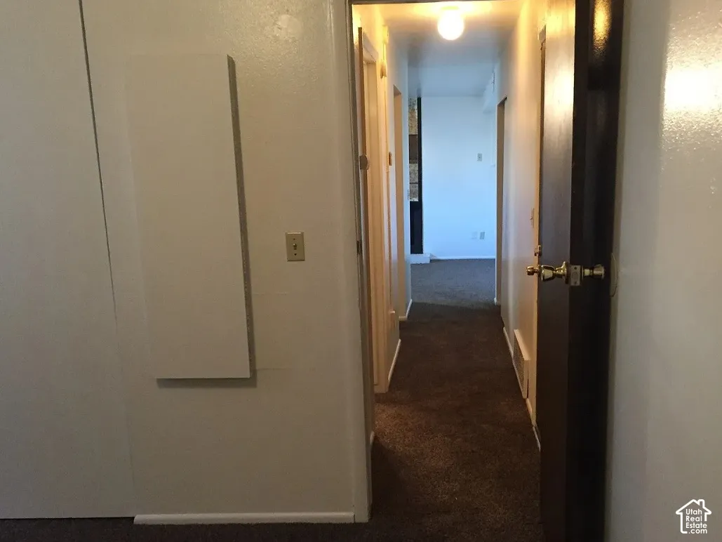 Hallway with carpet flooring and overhead lighting