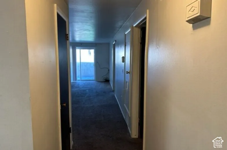 Sliding glass door, wall-to-wall carpeting, and neutral wall tones