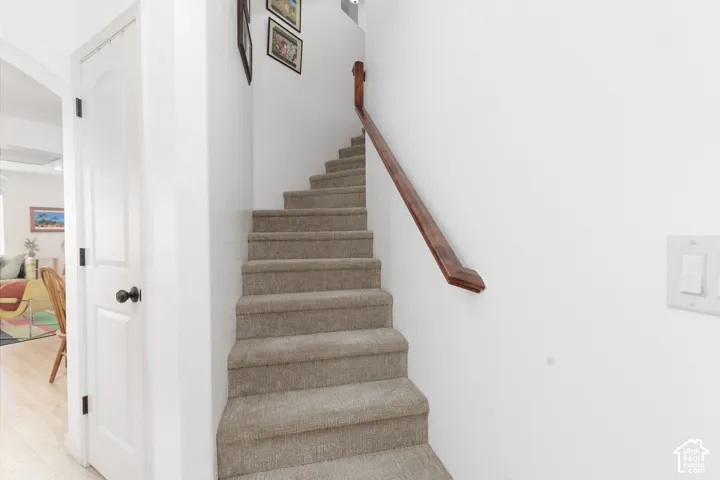 Carpeted staircase featuring a wood-finish handrail
