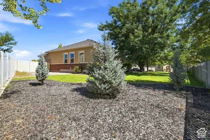 Expansive backyard featuring a manicured lawn, established trees, and decorative wood chip landscaping