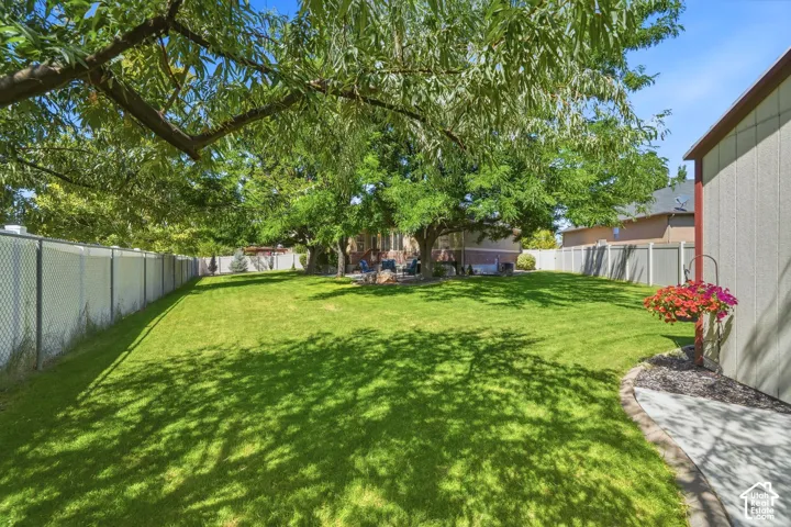 Expansive lawn area with mature trees, chain-link and privacy fencing, a concrete pathway, and a detached structure