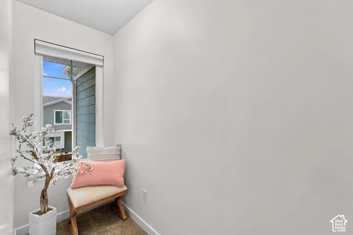 Window with roller blind and exterior siding visible