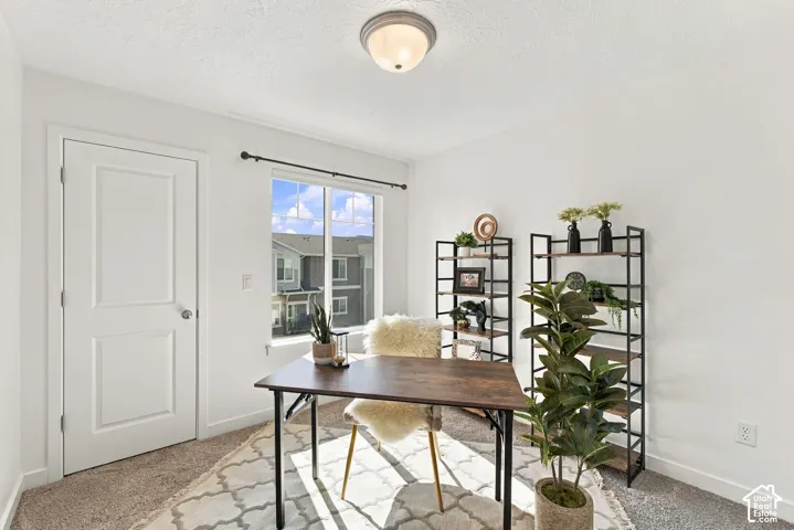 White walls complement the light-colored carpeting