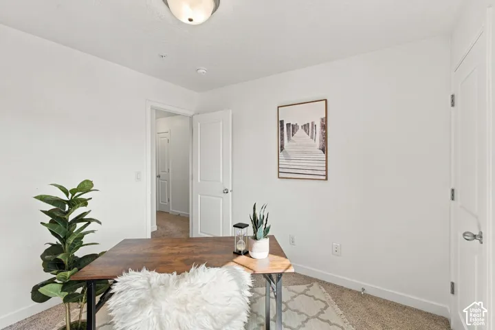 White walls and ceiling, recessed lighting, and a neutral carpet