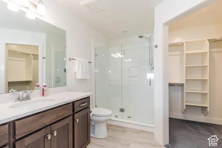Wood-finish flooring with a glass-enclosed shower, a white vanity with an integrated sink, a large mirror, and an adjacent walk-in closet with built-in shelving