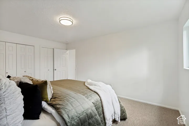 Neutral paint finishes, carpeted flooring, window, and multiple closet doors