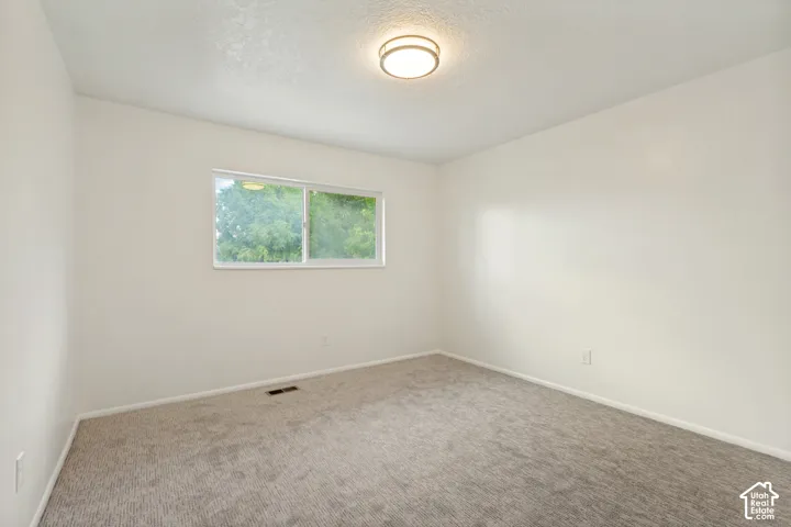Neutral wall paint finishes and gray carpeting complement the natural light provided by the window