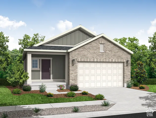 Brick and siding exterior with a covered porch, an attached garage, a concrete driveway, and landscaped front yard